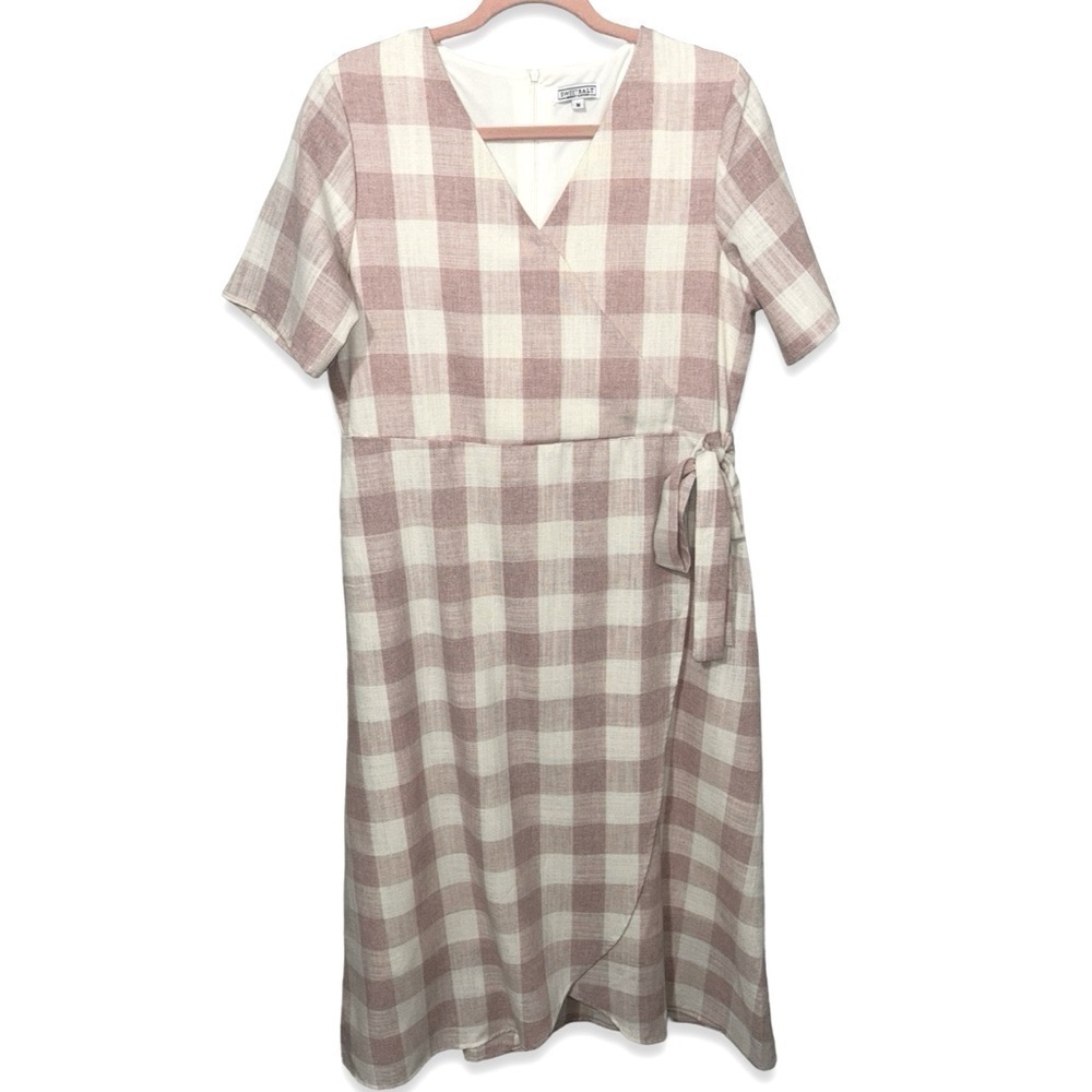 SWEETSALT MODEST CLOTHING CO MAUVE AND CREAM PLAID FAUX WRAP MIDI DRESS V NECK